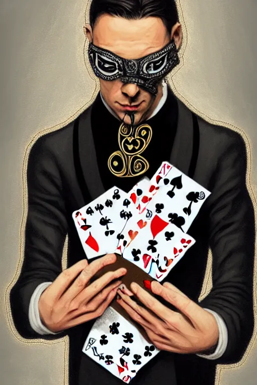 Image similar to modern street magician holding playing cards, realistic, modern, magicians eyes are covered with cloth, intricate, elegant, highly detailed, digital painting, artstation, concept art, addiction, chains, smooth, sharp focus, illustration, art by ilja repin