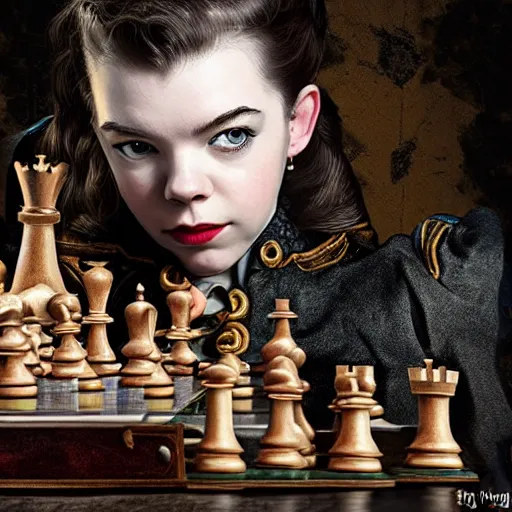 Prompt: anya taylor - joy playing chess, steampunk, high detail, digital art