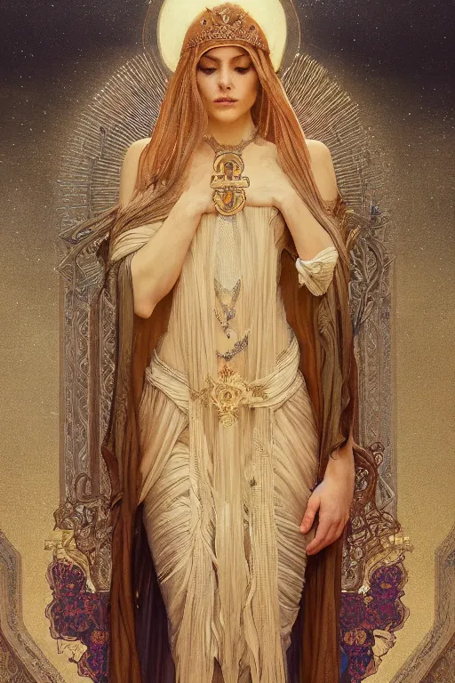 Image similar to a full body portrait of a beautiful ethereal delicate babylonian mage queen meditative sacral pose catholic stages of the cross, intricate, elegant, highly detailed, digital painting, artstation, concept art, smooth, sharp focus, illustration, art by krenz cushart and artem demura and alphonse mucha