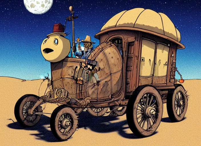 Prompt: a cell shaded cartoon of a lovecraftian tortoise stage coach from howl's moving castle ( 2 0 0 4 ), on a desert road, in front of a pale full moon, full body, wide shot, very dull colors, post grunge, studio ghibli, laurie greasley, highly detailed, deviantart, art by artgem