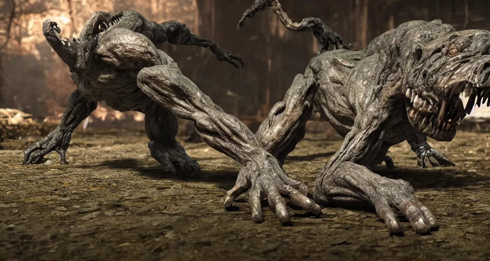 Image similar to a grotesque and malformed monster crawling towards the camera, high quality, unreal engine, octane render, natural light outside, animated horror still