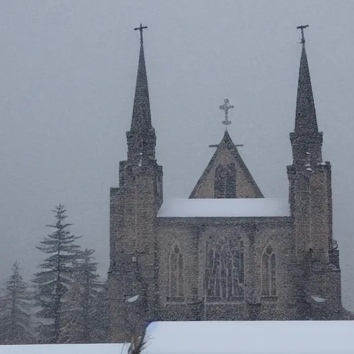 Prompt: a cathedral on a snowy plain with icicles forming on the roof. there is snow falling down from the sky which is overcast.