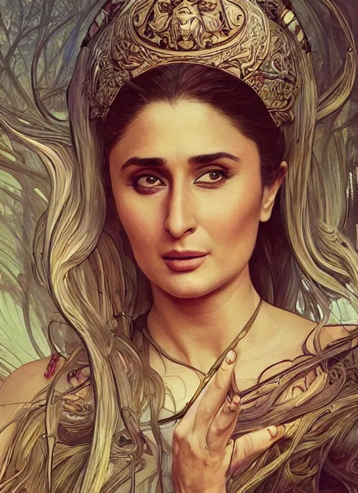 Prompt: beautiful kareena kapoor as baba yaga, fantasy, intricate, elegant, highly detailed, digital painting, artstation, concept art, matte, sharp focus, illustration, art by artgerm and greg rutkowski and alphonse mucha