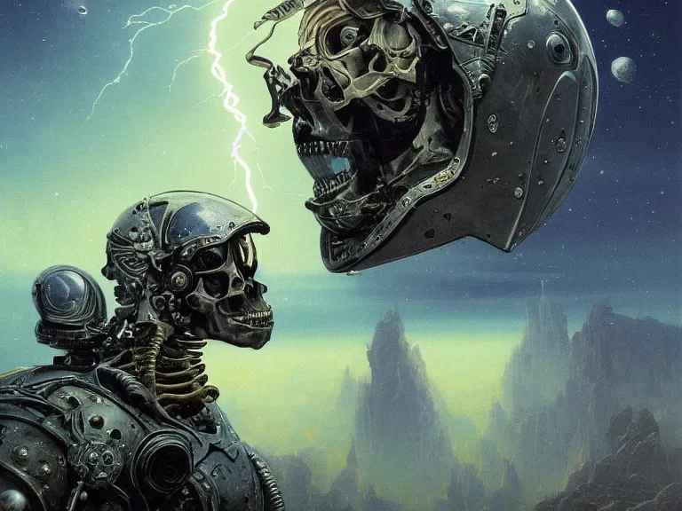 Prompt: a detailed profile oil painting of a skeleton in a space armour, cinematic sci-fi poster. technology flight suit, bounty hunter portrait symmetrical and science fiction theme with lightning, aurora lighting clouds and stars by beksinski carl spitzweg and tuomas korpi. baroque elements. baroque element. intricate artwork by caravaggio. Trending on artstation. 8k