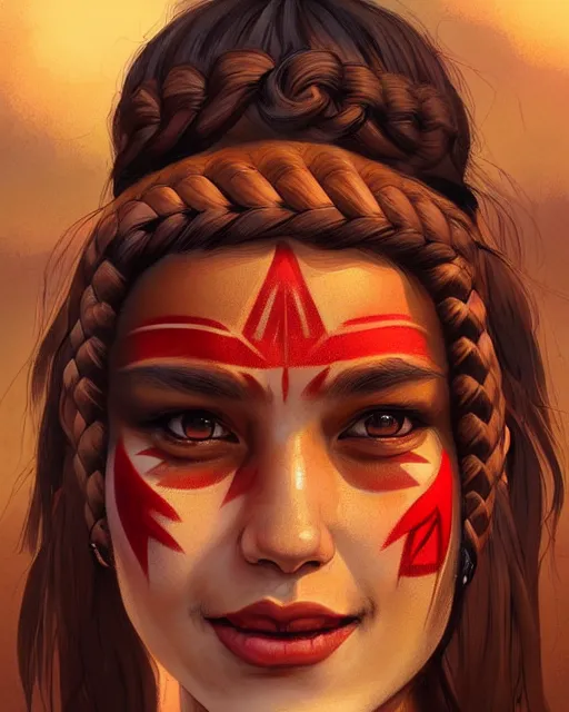Prompt: in the style of artgerm and Andreas Rocha and Joshua Middleton, pretty Native American young woman with braids and red face paint across eyes, smile on face, Symmetrical eyes symmetrical face, full body, prairie in background, scenic, natural lighting, warm colors