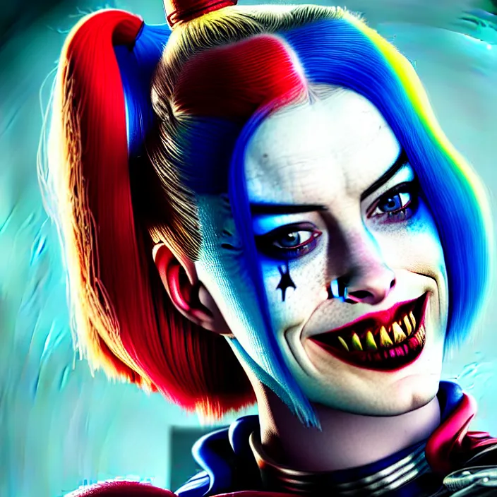 Image similar to portrait of Anne Hathaway as a harley quinn in Suicide Squad. intricate abstract. intricate artwork. by Tooth Wu, wlop, beeple, dan mumford. octane render, trending on artstation, greg rutkowski very coherent symmetrical artwork. cinematic, hyper realism, high detail, octane render, 8k, iridescent accents