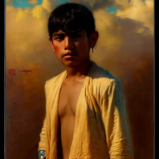 Image similar to a portrait of a good - lookiung chicano boy god,, high detail, cleary see face, by gaston bussiere, bayard wu, greg rutkowski, odd nerdrum, maxim verehin, dan dos santos, masterpiece, sharp focus, cinematic lightning - h 7 6 8