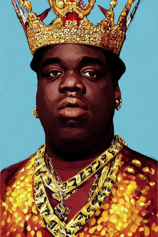 Image similar to portrait of rapper biggie smalls with kings crown and royal outfit, european, modern art, eclectic art, gold and colorful, illustration, by ramon casas