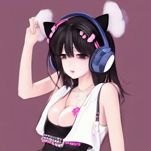 Image similar to realistic beautiful gorgeous buxom natural cute blushed shy girl Blackpink Lalisa Manoban black hair cute fur black cat ears, wearing white camisole, headphones, black leather choker artwork drawn full HD 4K highest quality in artstyle by professional artists WLOP, Taejune Kim, Guweiz, Aztodio on Pixiv Instagram Artstation