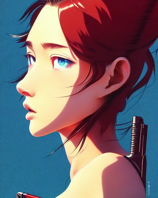 Image similar to girl holding a rifle | | very very anime!!!, fine - face, audrey plaza, realistic shaded perfect face, fine details. anime. realistic shaded lighting poster by ilya kuvshinov katsuhiro otomo ghost - in - the - shell, magali villeneuve, artgerm, jeremy lipkin and michael garmash and rob rey