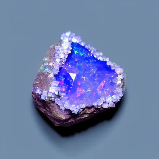 Image similar to a rare mineral rock, in a dark studio room, vaporwave theme. Microscopic view. Tanzanite, Opal, Kunzite. in the style of artgerm.