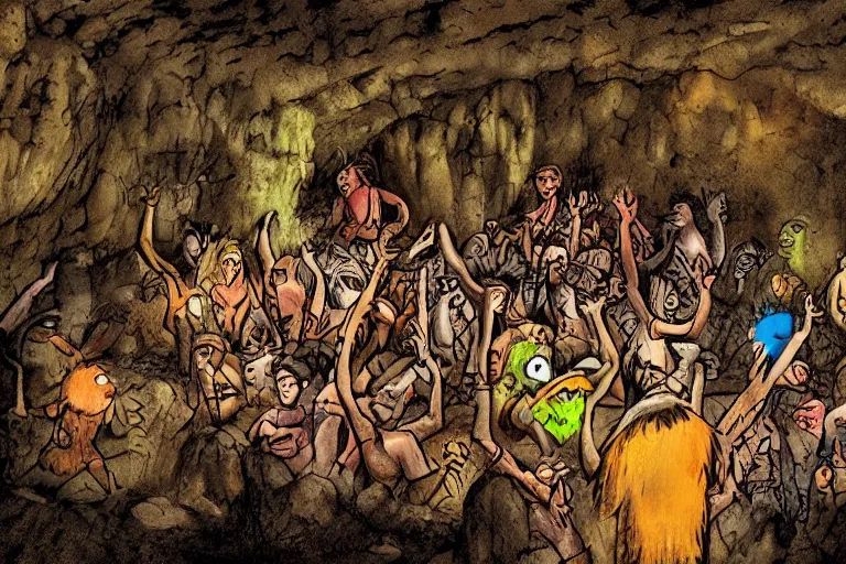 Prompt: Stone Age rave in a cave, illustrated by Steven Spazuk