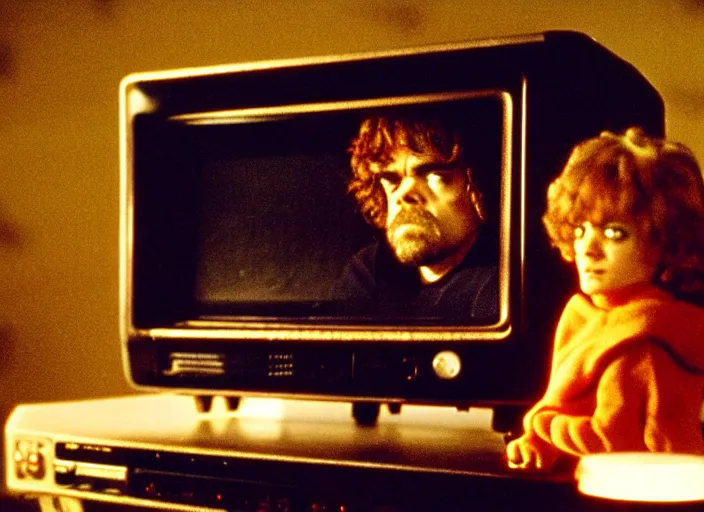 Prompt: a scene from a 1 9 8 2 s halloween iii, peter dinklage is watching tv, vhs distortion, cathode ray tube distortion, folk horror, hauntology, 8 k, 8 5 mm f 1. 8, studio lighting, rim light, right side key light