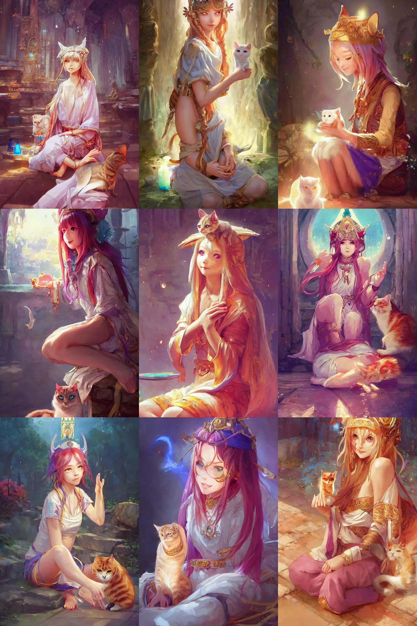 Prompt: a beautiful priestess girl sitting in a shrine petting a cat | | cute - fine - subtle smile, colorful hair, face, pretty face, fine details by stanley artgerm lau, wlop, rossdraws, james jean, andrei riabovitchev, marc simonetti, and sakimichan, trending on artstation