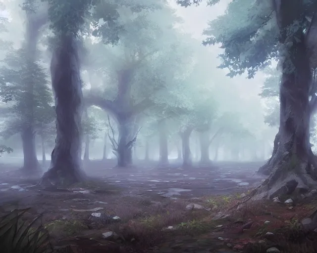 Prompt: environmental illustration of a wide angle shot of a trail in a foggy ancient forest | | anime key visual, official media, illustrated by wlop, extremely detailed, 8 k, trending on pixiv, cinematic lighting, beautiful