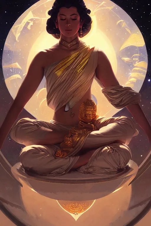 Image similar to space, temple, buddhism, painting by greg rutkowski, j. c. leyendecker, artgerm