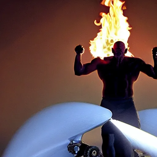 Image similar to a muscular bald man carrying two turbine engines with fire spitting out