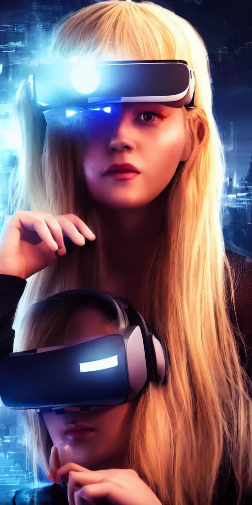 Image similar to a beautiful blonde girl trapped in virtual reality, futuristic, cyberpunk, 3 d rendered, 3 d rendering, dramatic lighting, dark theme, hdr, unreal engine 5, crazy realistic