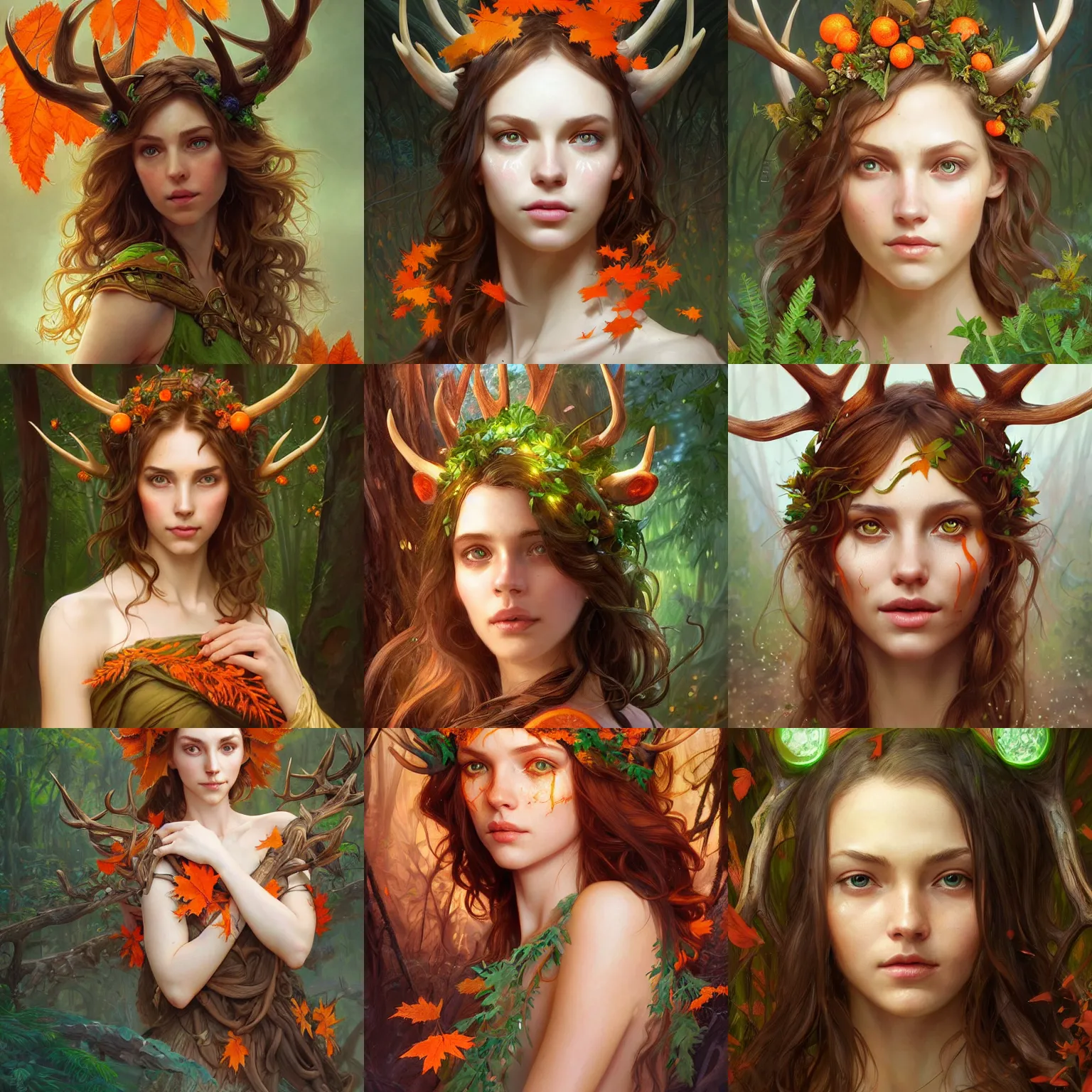 Prompt: beautiful digital painting of freya allen wooden antlers on her head brown curly hair with orange leaves small scars forest in the background d & d fantasy intricate big beautiful green eyes cinematic lighting highly detailed digital painting artstation concept art smooth sharp focus illustration art by artgerm and greg rutkowski and alphonse mucha