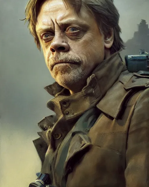 Image similar to mark hamill as a tired dystopian resistance fighter. dieselpunk steampunk art by greg rutkowski, gustave courbet, rosa bonheur, edward hopper. faithfully depicted facial expression, perfect anatomy, sharp focus, global illumination, radiant light, detailed and intricate environment, trending on artstation