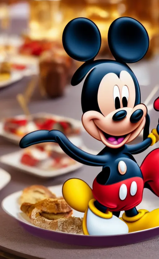 Image similar to mickey mouse on a porcelain tray at a buffet for 5 0 people, photo, photorealistic, realistic, detailed, high quality, high resolution, 8 k, hdr, 8 k quality, 8 k resolution