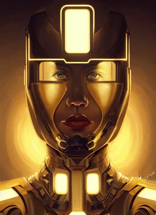 Image similar to symmetry!! portrait of miley cyrus, gold sci - fi armour, tech wear, glowing lights!! sci - fi, intricate, elegant, highly detailed, digital painting, artstation, concept art, smooth, sharp focus, illustration, art by artgerm and greg rutkowski and alphonse mucha