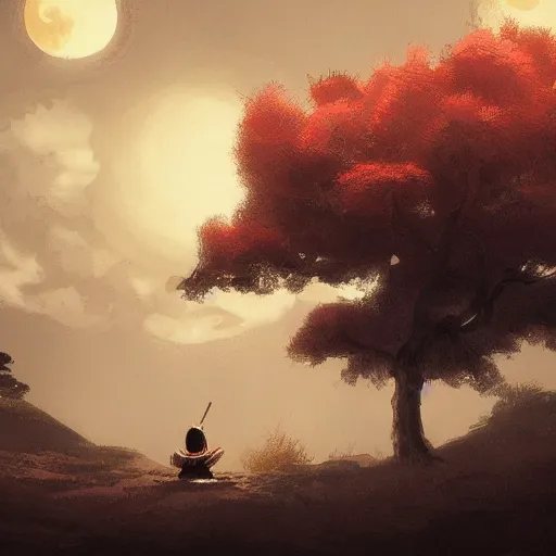 Image similar to a samurai sitting under a tree, back lighting, dramatic scene, detailed, night time, full moon, in the style of greg rutkowski