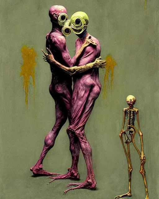 Image similar to two skinny old people with extra limbs, wearing gas masks, bodies wrapped in robes of gold, green and pink, during a biohazard apocalypse, cinematic, dystopian, eerie, horror, gothic, highly detailed painting by Francis Bacon, Beksinski, Esao Andrews, Edward Hopper, surrealism, art by Takato Yamamoto and !!!James Jean!!!