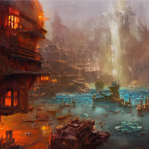 Prompt: Oil painting of underwater town, D&D, Magic The Gathering, by Craig Mullins, intricate details, light rays from the surface, Nekro, Victo Ngai, centered, symmetrical, volumetric lighting