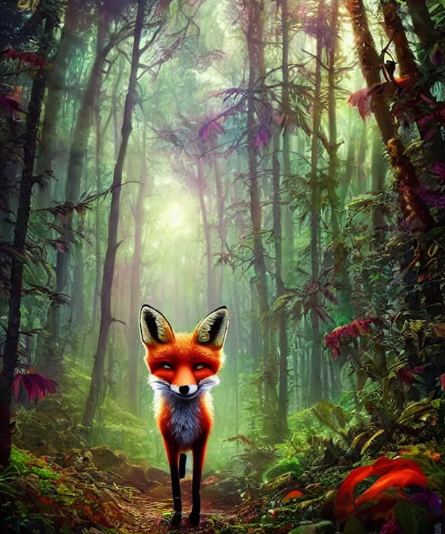 Prompt: a single realistic fox, walking through a psychedelic forest, wide angle landscape shot, pixar style by tristan eaton, artgerm and tom bagshaw