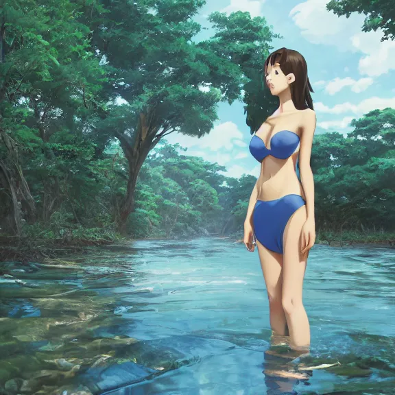 Prompt: one single girl wearing a blue full body bathing suit wading, wading weight high water, standing in a narrow river, trees bent over the river, shady, ripples, facing, looking at the camera, inviting look, atmospheric lighting. By Makoto Shinkai, Stanley Artgerm Lau, WLOP, Rossdraws, James Jean, Andrei Riabovitchev, Marc Simonetti, krenz cushart, Sakimichan, trending on ArtStation, digital art.