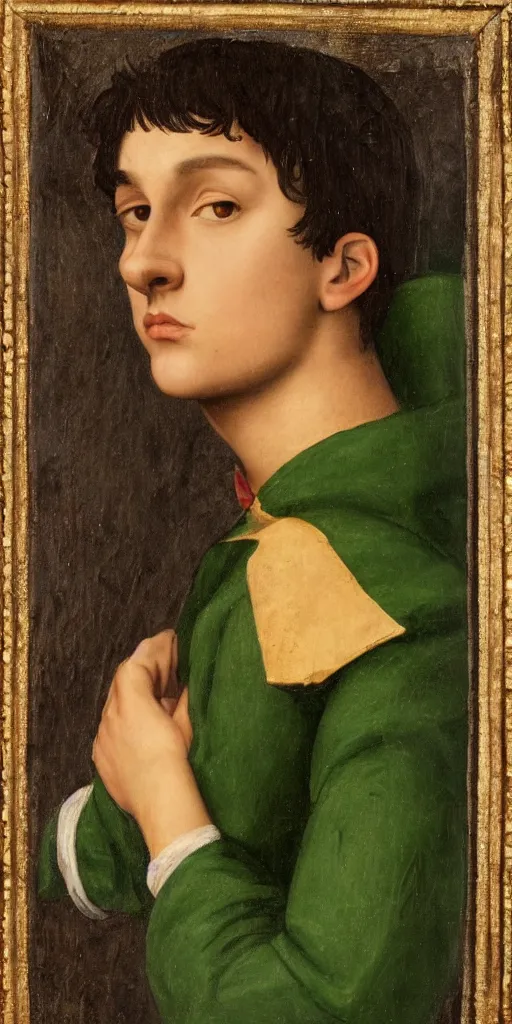 Image similar to a Spanish teenage boy with dark hair and green eyes, sharp jawline with a light beard, done in the style of a renaissance royal portrait