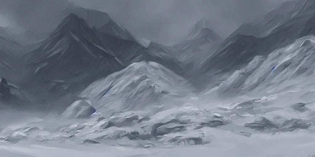 Prompt: a dark sandstorm in snowy glaciers, digital art painting, trending on artstation