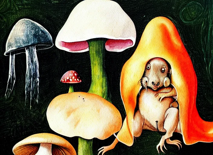 Image similar to a painting of a cute creature sitting next to a mushroom, detailed, realistic, in style of hieronymus bosch