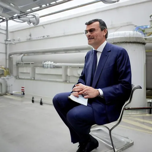 Image similar to the president of spain pedro sanchez sitting in a cooling tower of a nuclear power plant