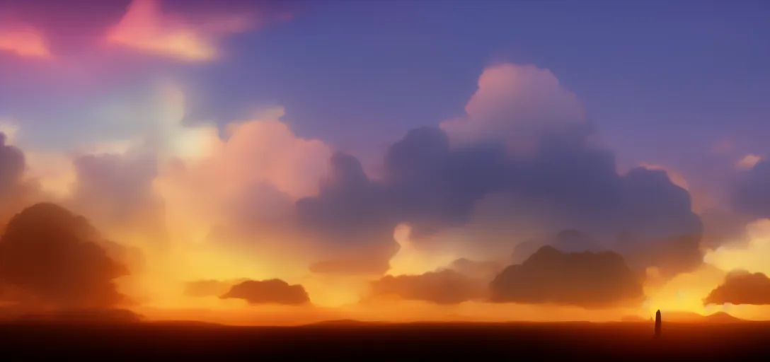 Image similar to peaceful puffy cloud with sunset in the background, matte painting, trending on artstation, artstationHQ, unreal engine, 4k, 8k, anime style