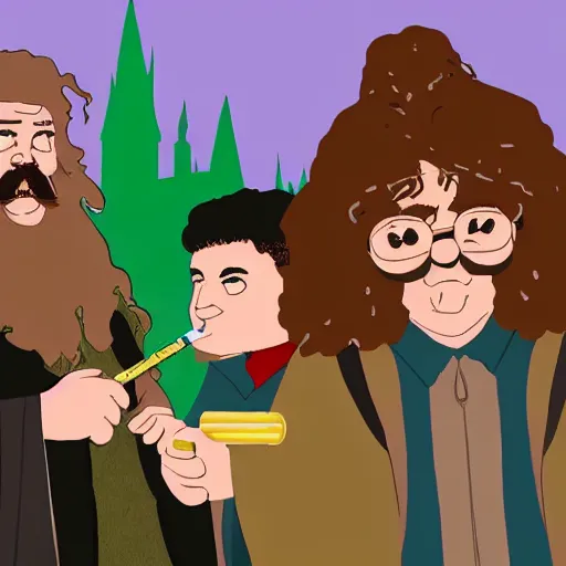 Image similar to harry potter smoking a blunt with hagrid outside hogwarts