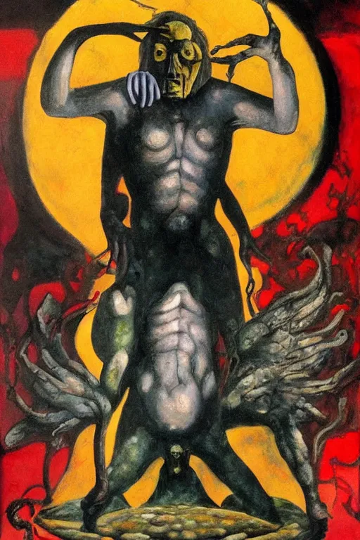 Image similar to surreal a lithe brian molko as delirium of the endless, the sandman, in a post apocalyptic hellscape, esoteric symbolism, intense emotional power, red yellow black, palette knife oil painting by peter booth, josh kirby and william blake