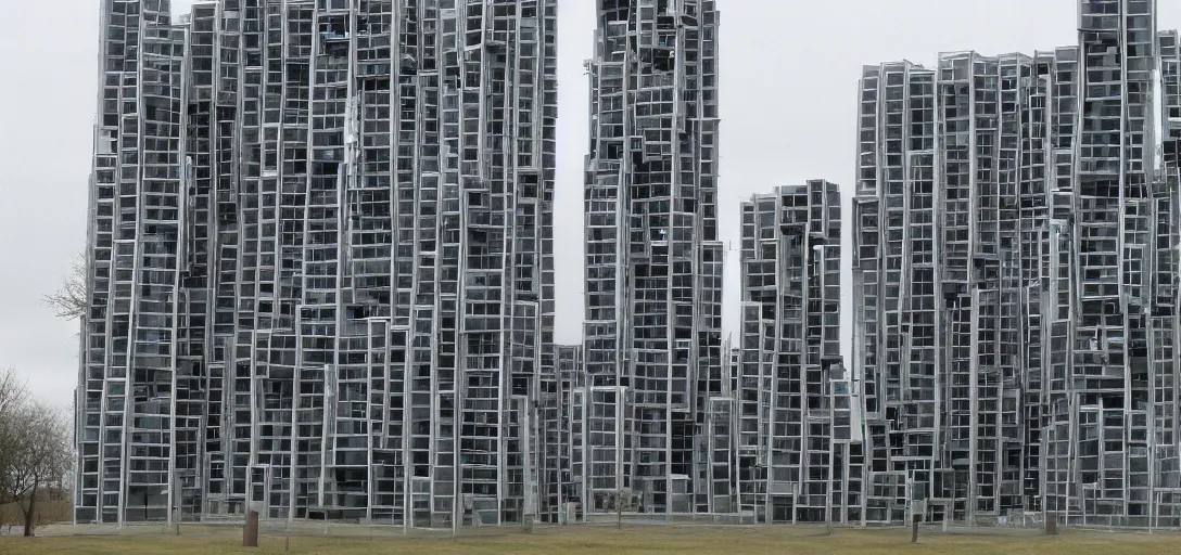 Prompt: towering keyboard synthesiser buildings