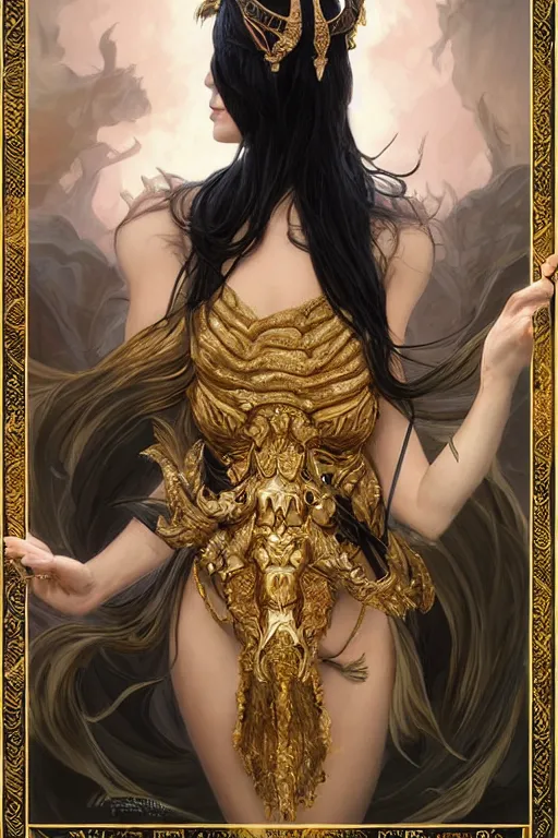Prompt: fullbody!! of a beautiful woman with long black hair, big natural ram horns on her head, flowing dress, gold jewellery, dnd, face, fantasy, intricate, elegant, highly detailed, digital painting, artstation, concept art, smooth, sharp focus, illustration, art by artgerm and greg rutkowski and alphonse mucha