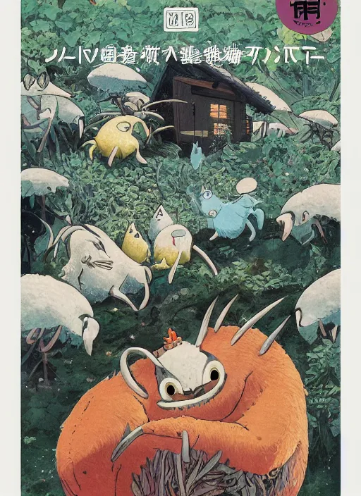 Prompt: a beautiful japanese magazine cover of a cute strange animal, illustrated by miyazaki, highly detailed, concept art, trending, poster