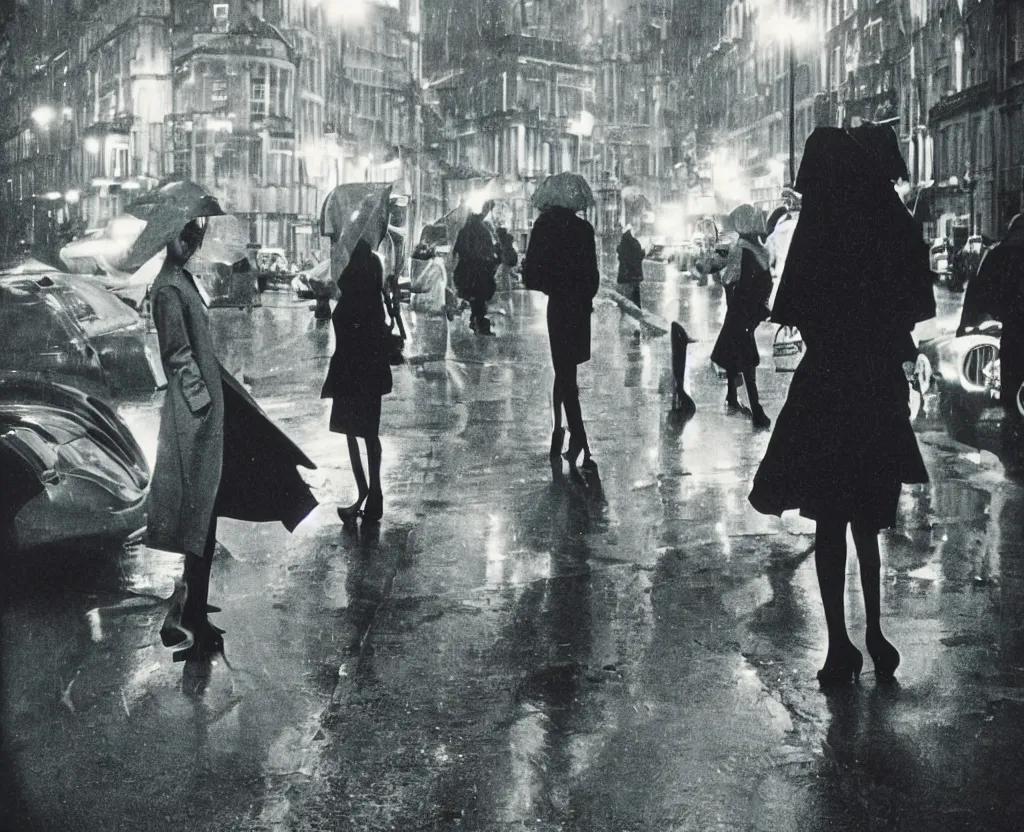 Image similar to 1960s fashion photography on the streets of London photographed by Annie Leibovitz, flash photography, holga, raining!, nighttime, colorful, photorealistic, atmospheric,