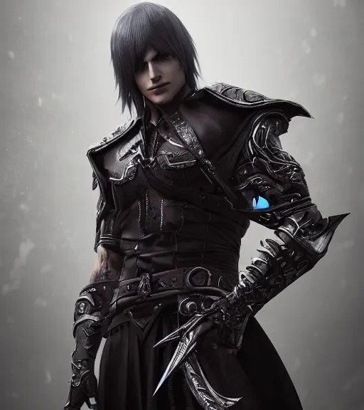 Prompt: V from Devil May Cry as an elf, wearing daedric armour, black hair, tattoos, close up portrait by loish and WLOP, octane render, dynamic lighting, asymmetrical portrait, high key detailed, dark fantasy, trending on ArtStation