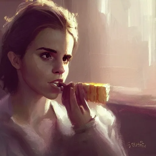 Image similar to emma watson eating a banana, warm lighting, greg rutkowski