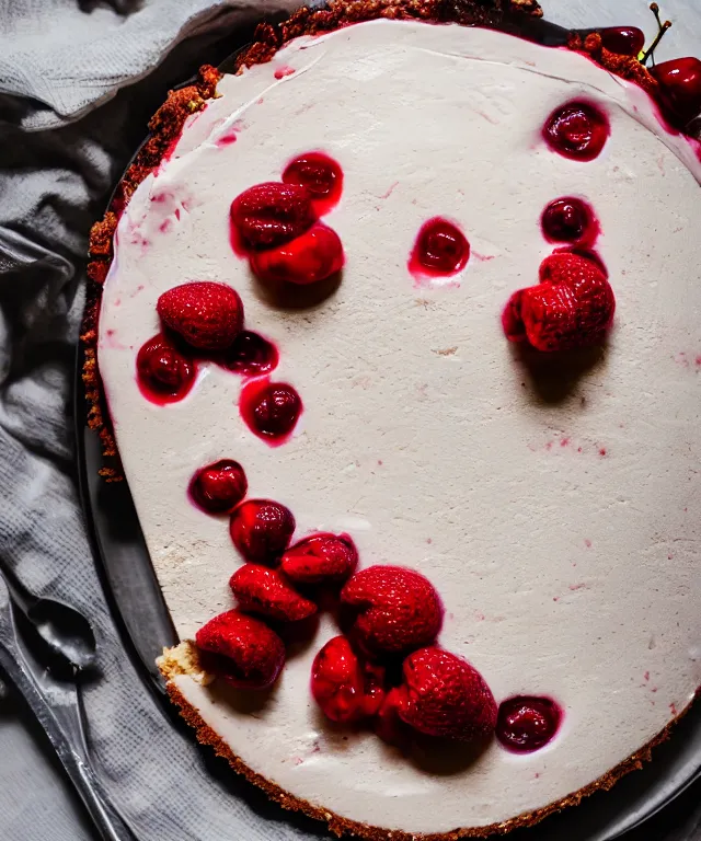 Image similar to high quality presentation photo of stawberry and cherry cheesecake, photography 4k f1.8 anamorphic bokeh 4k Canon Nikon