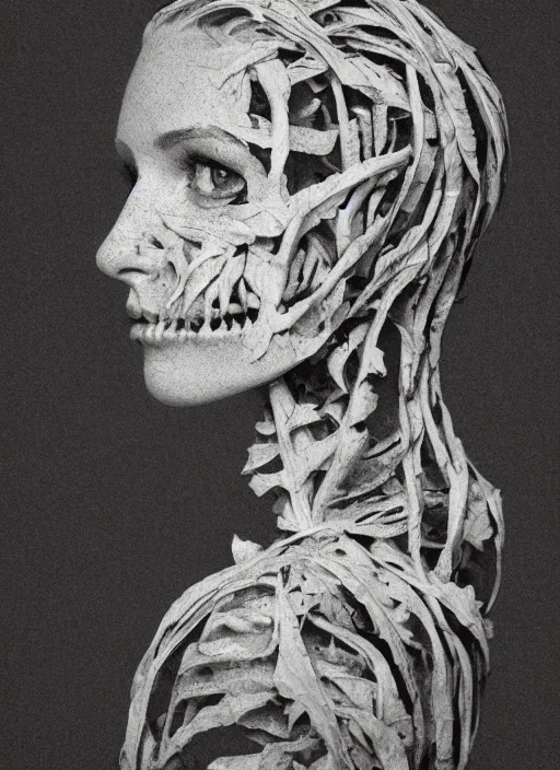 Image similar to a woman's face in profile, made of leaves skeleton, in the style of the Dutch masters and Gregory Crewdson, dark and moody