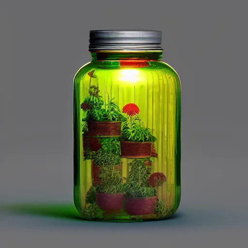 Prompt: glass jar, inside is a vibrant solarpunk city, octane render, colorful