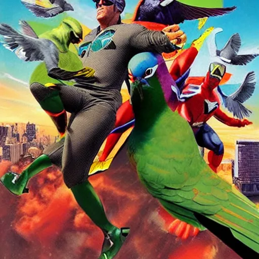 Image similar to action pigeon hero Michael Bay movie poster featuring Marvel Majestic Fat Pigeon in a extravagant full pigeon body green suit by Alex Ross, oil painting