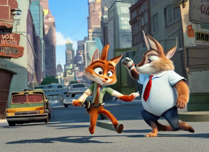 Prompt: Mr. Wolf from Bad Guys is being arrested by Judy Hopps from Zootopia. 3D pixar animation frame