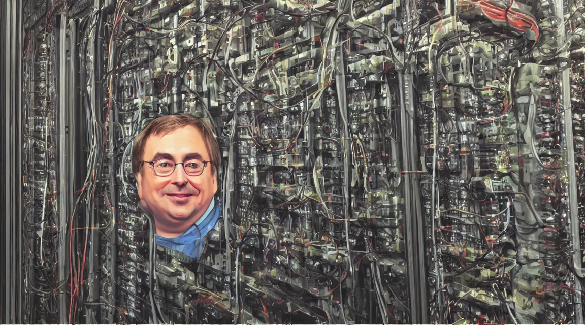 Image similar to Wallpaper of Linus Torvalds in a datacenter painted by fernando botero